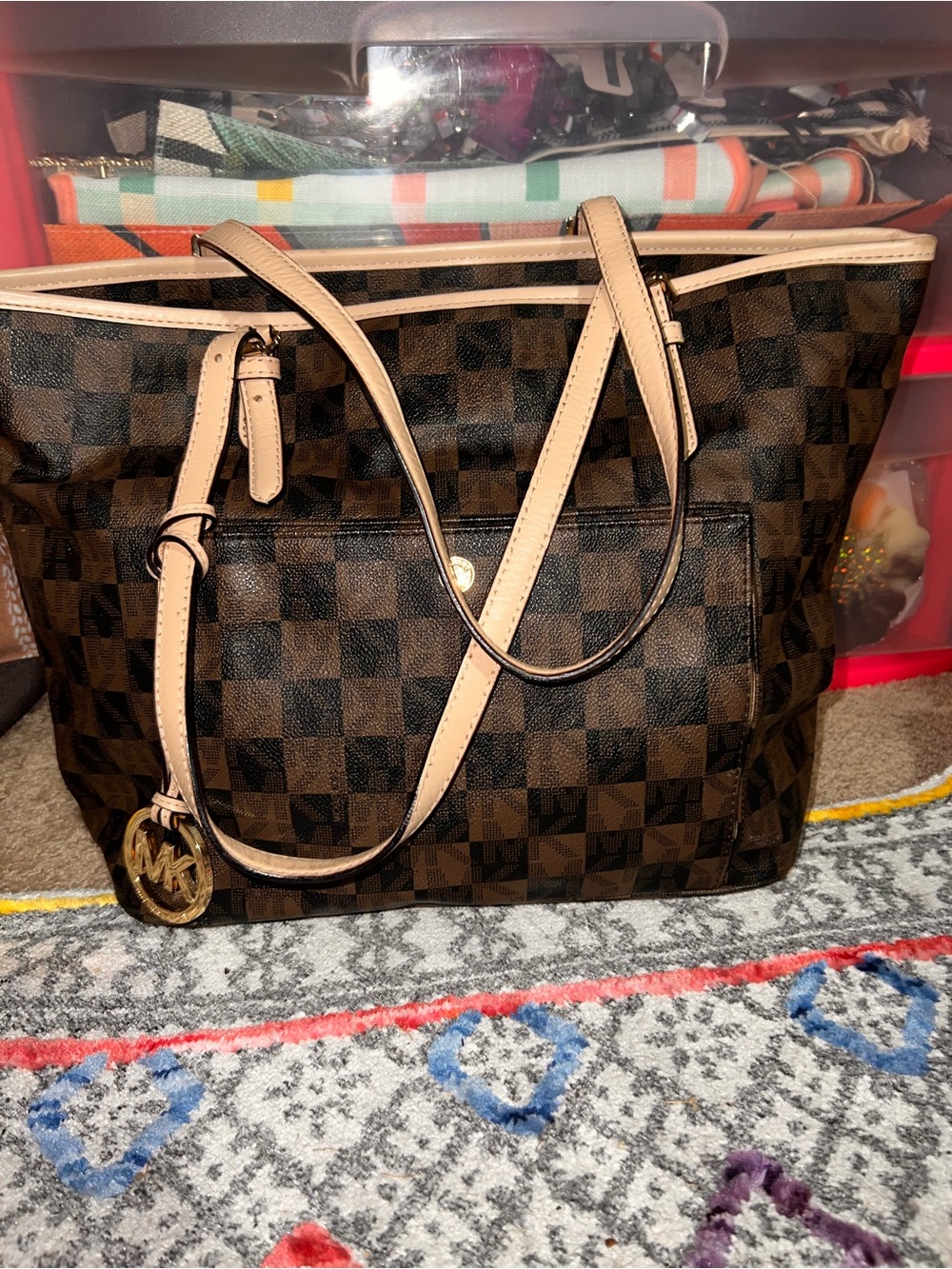Michael Kors Brown Checkered Large Travel Tote with Cream Trim